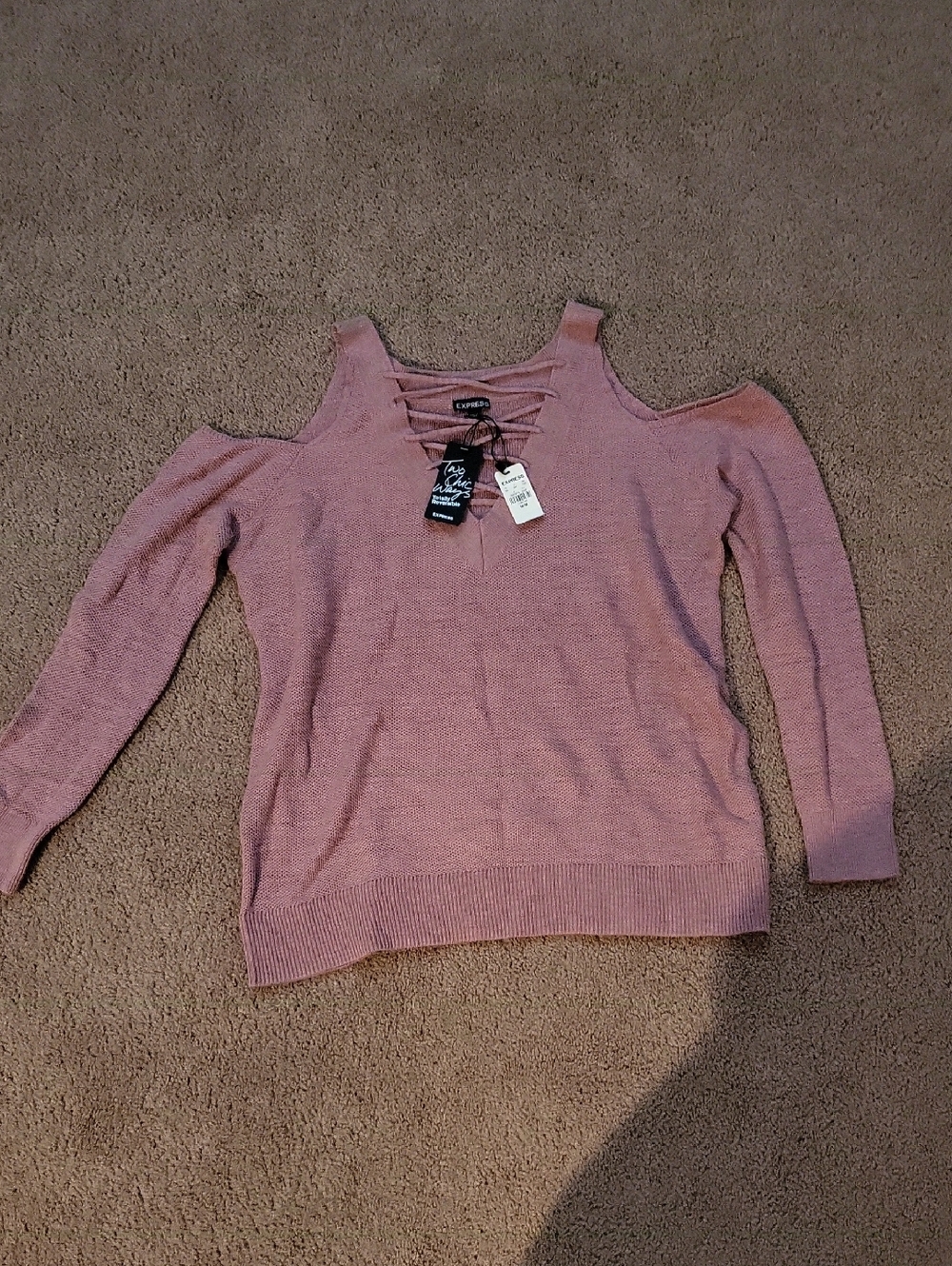 Express Dusty Rose, Wear 2 Ways, Off-the-Shoulder Lace-Up Sweater